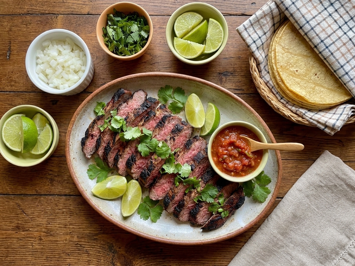 A dinner table with warm tortillas, sliced carne asada, diced onion, cilantro, lime wedges, and salsa set out for build-your-own tacos
