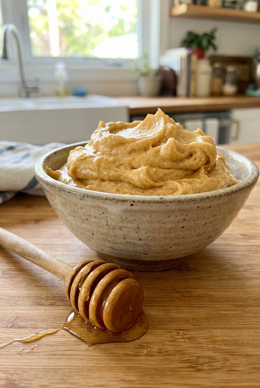 A dish of whipped honey butter with a honey dipper resting beside it