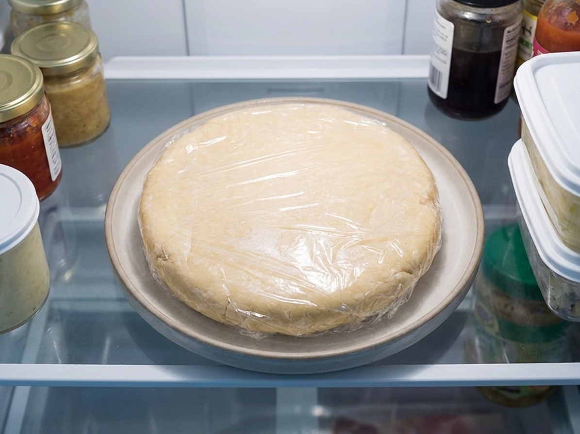 A disk of pie dough tightly wrapped in plastic wrap resting on a plate in a refrigerator