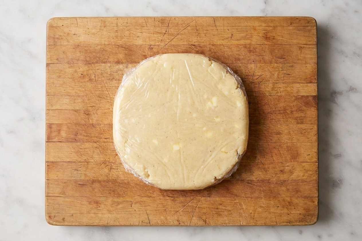 A disk of sugar cookie dough wrapped tightly in plastic wrap on a wooden cutting board