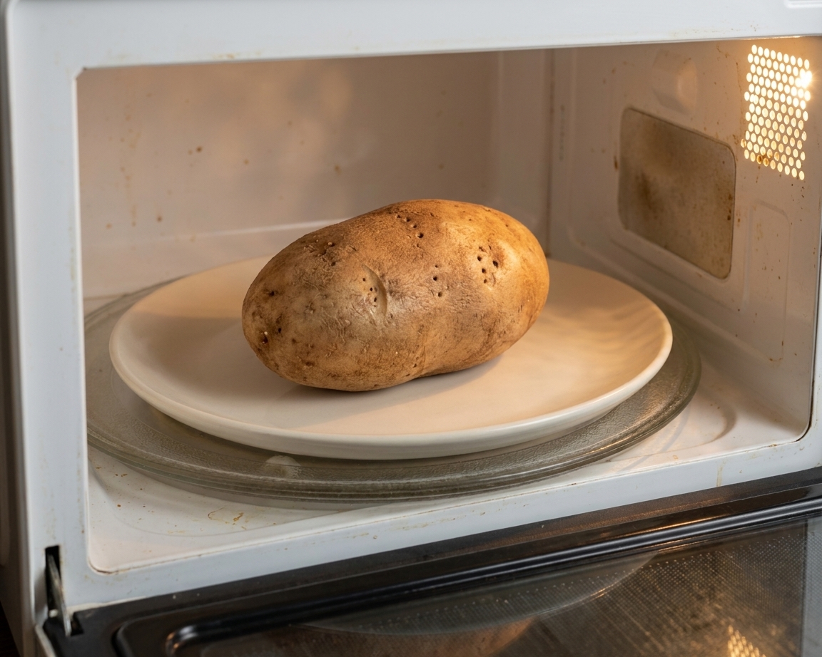 A docked russet potato on a plain microwave-safe plate inside a microwave, ready to cook