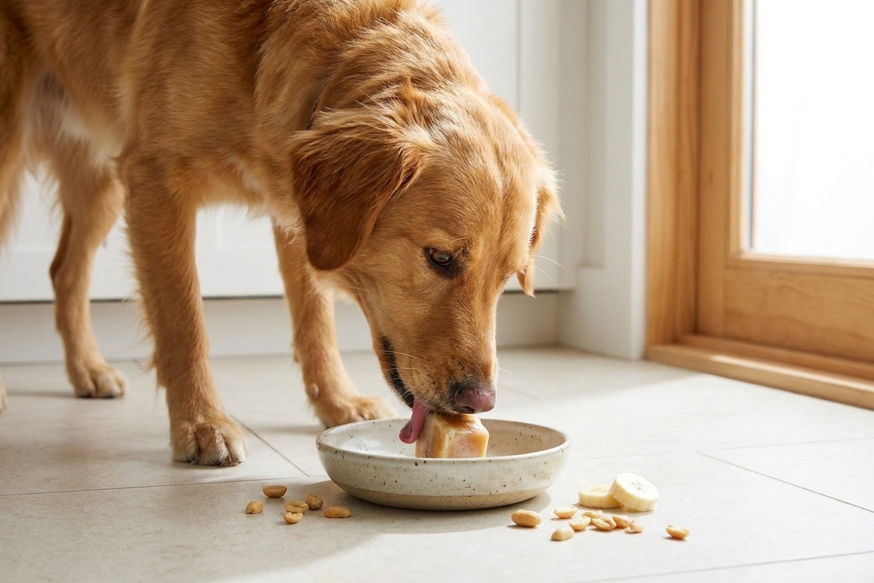 A dog licking a small frozen treat from a shallow bowl on a kitchen floor with soft natural light