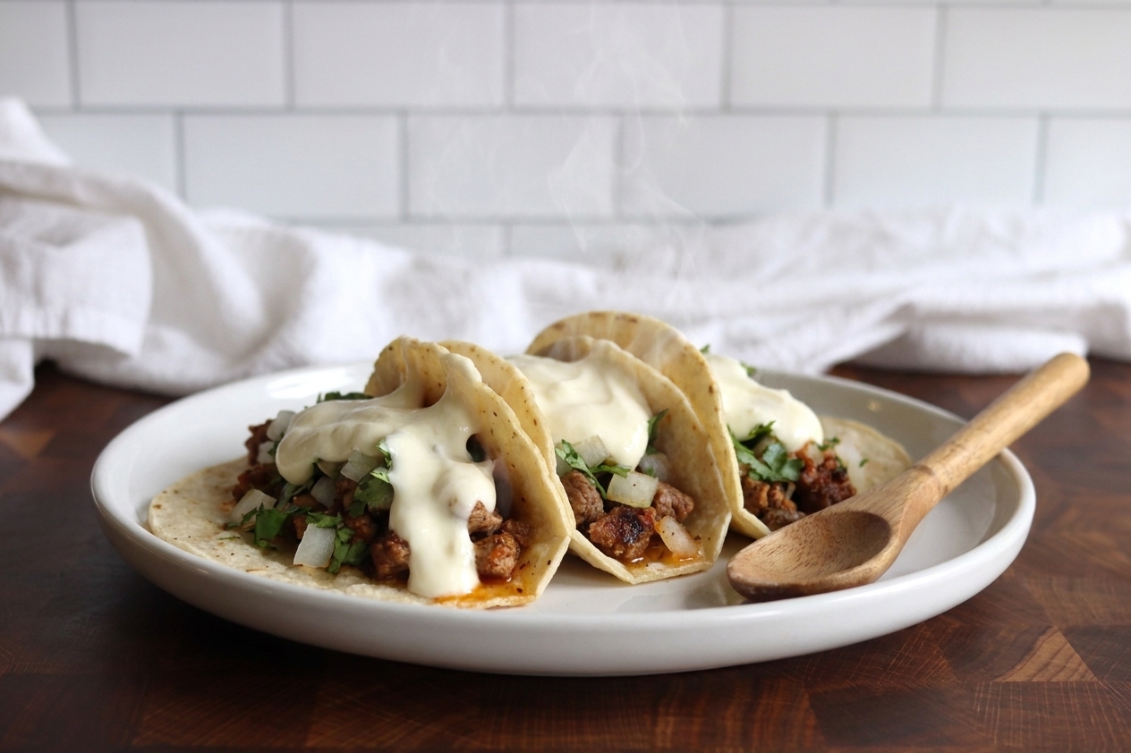 A dollop of crème fraîche melting slightly over warm tacos on a simple plate under soft kitchen lighting