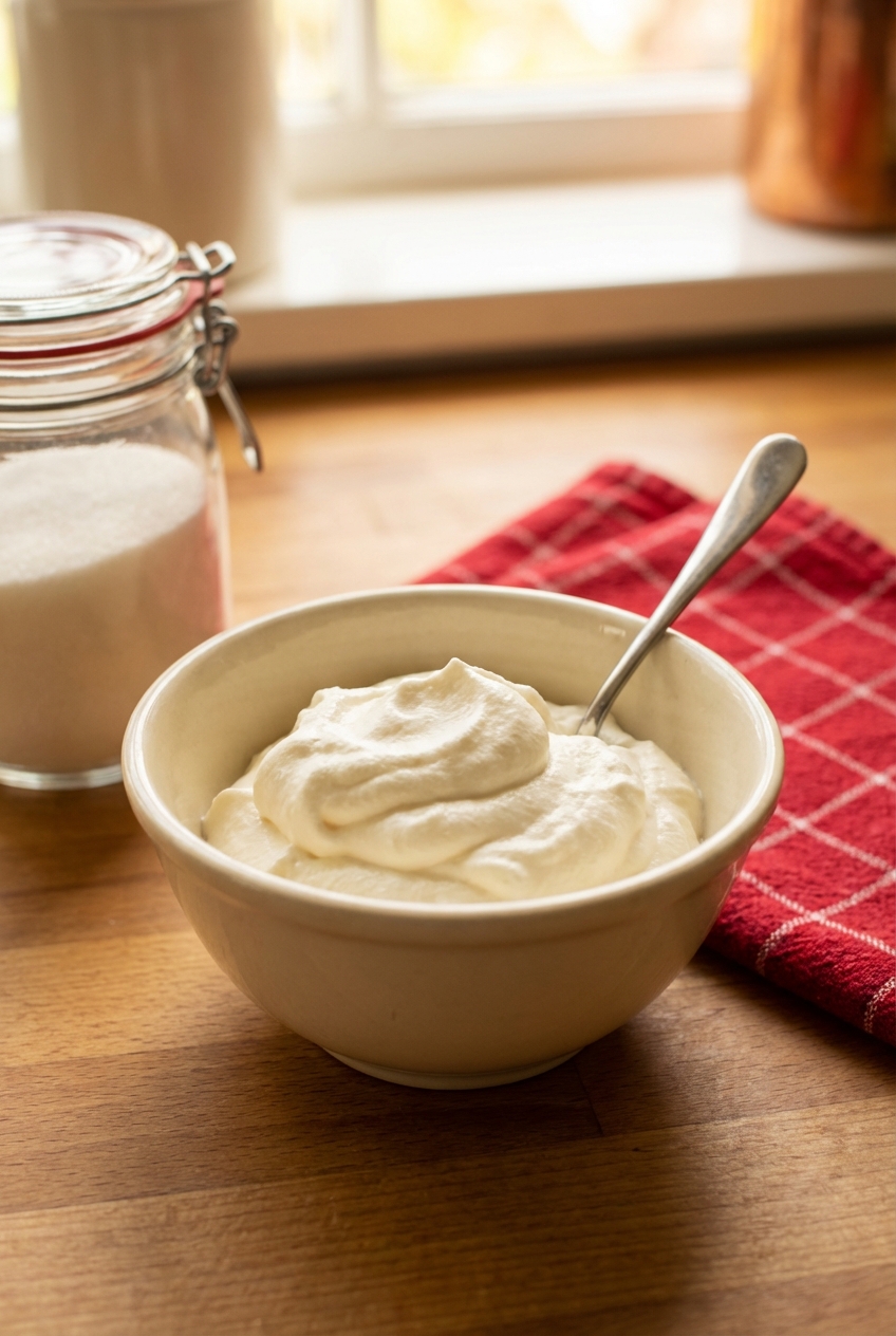 A dollop of lightly sweetened whipped cream in a small bowl with a spoon