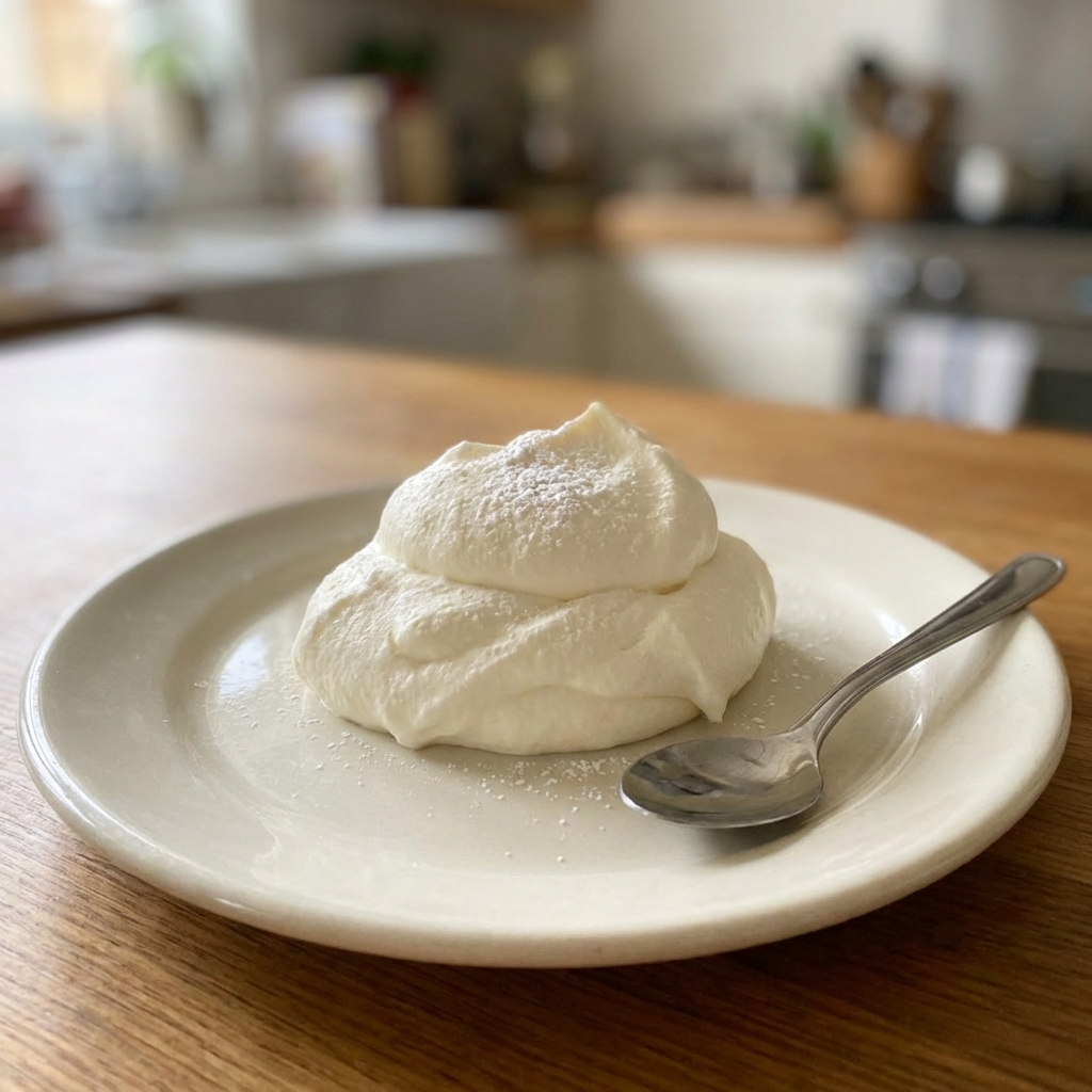 A dollop of lightly sweetened whipped cream on a dessert plate with a spoon