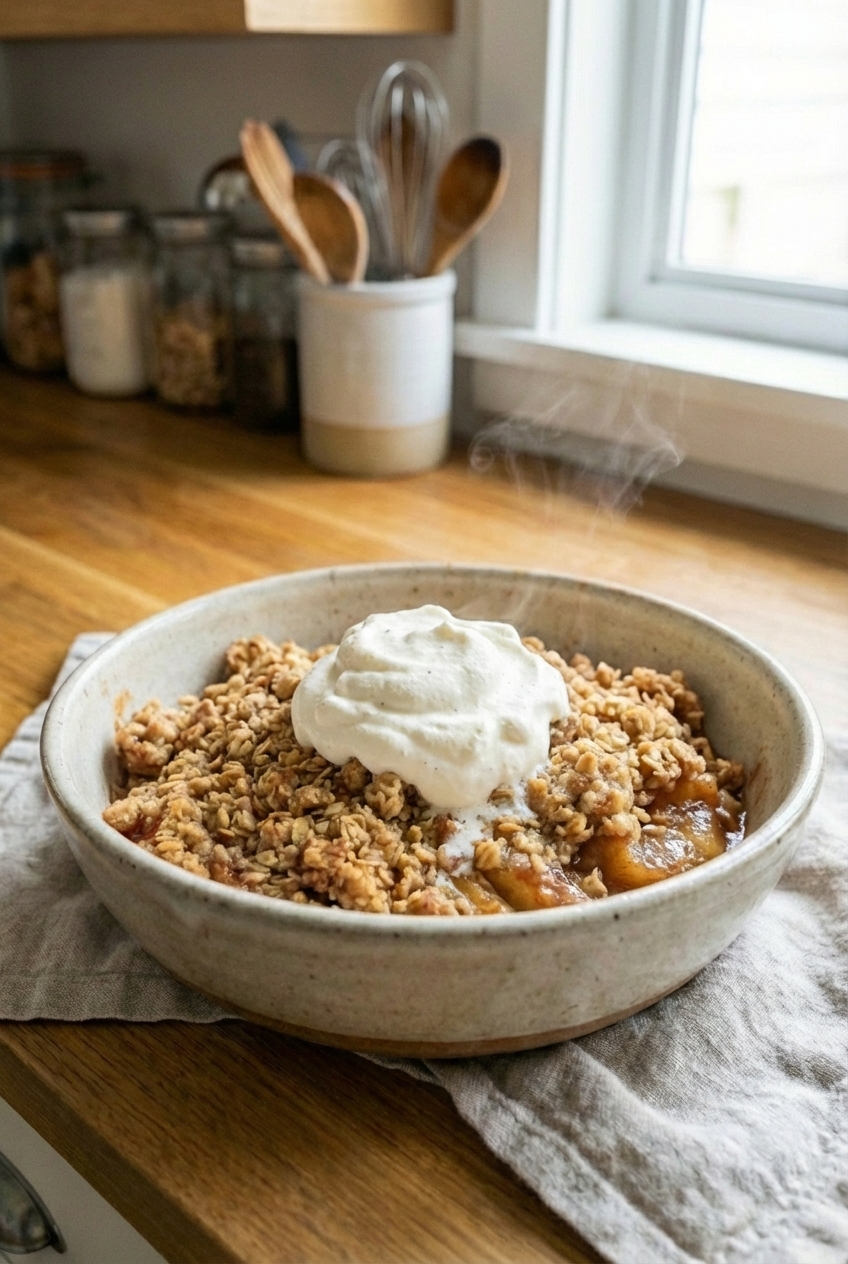 A dollop of whipped cream on a serving of apple crumble in a shallow bowl