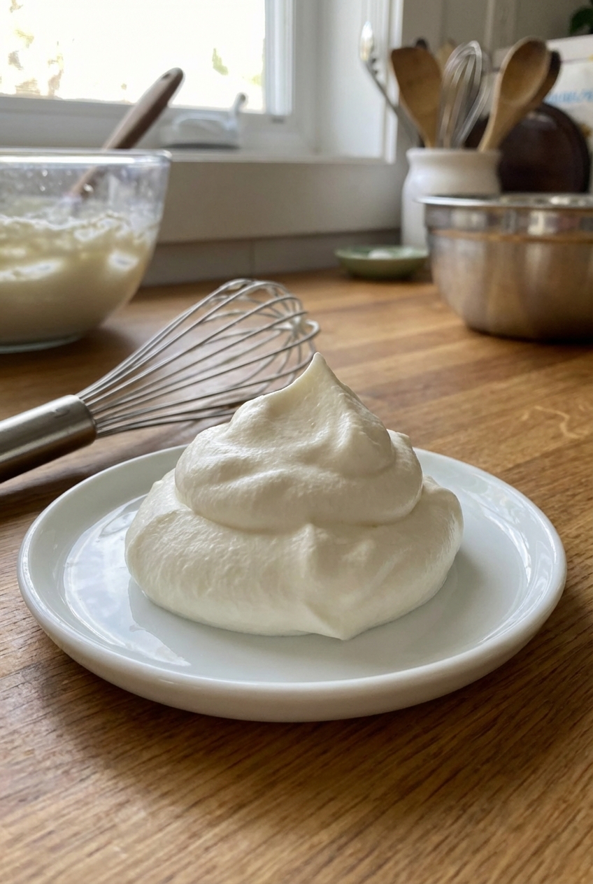 A dollop of whipped cream on a small plate with a whisk nearby