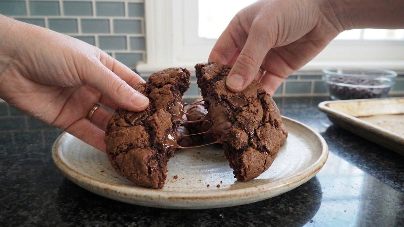 A double chocolate chip biscuit split open on a plate with melted chocolate chips stretching inside