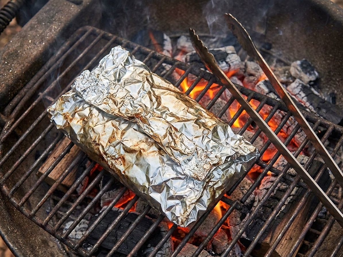 A double-layer foil packet sitting on a camp grill grate over glowing coals, with tongs nearby