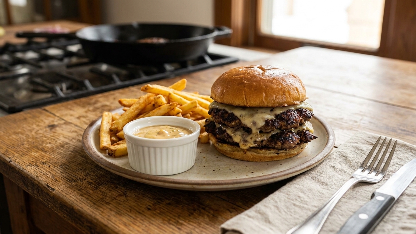 A double smash burger on a plate with a side of fries and a small ramekin of tangy pickle sauce on a simple dining table setting