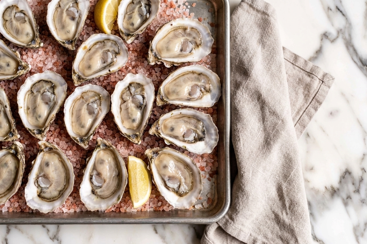 A dozen freshly shucked oysters on the half shell arranged on a rimmed sheet pan with a folded towel nearby