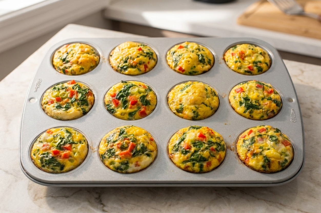A dozen golden egg muffin cups in a nonstick muffin tin on a light stone countertop, with visible spinach and red bell pepper pieces in warm morning kitchen light