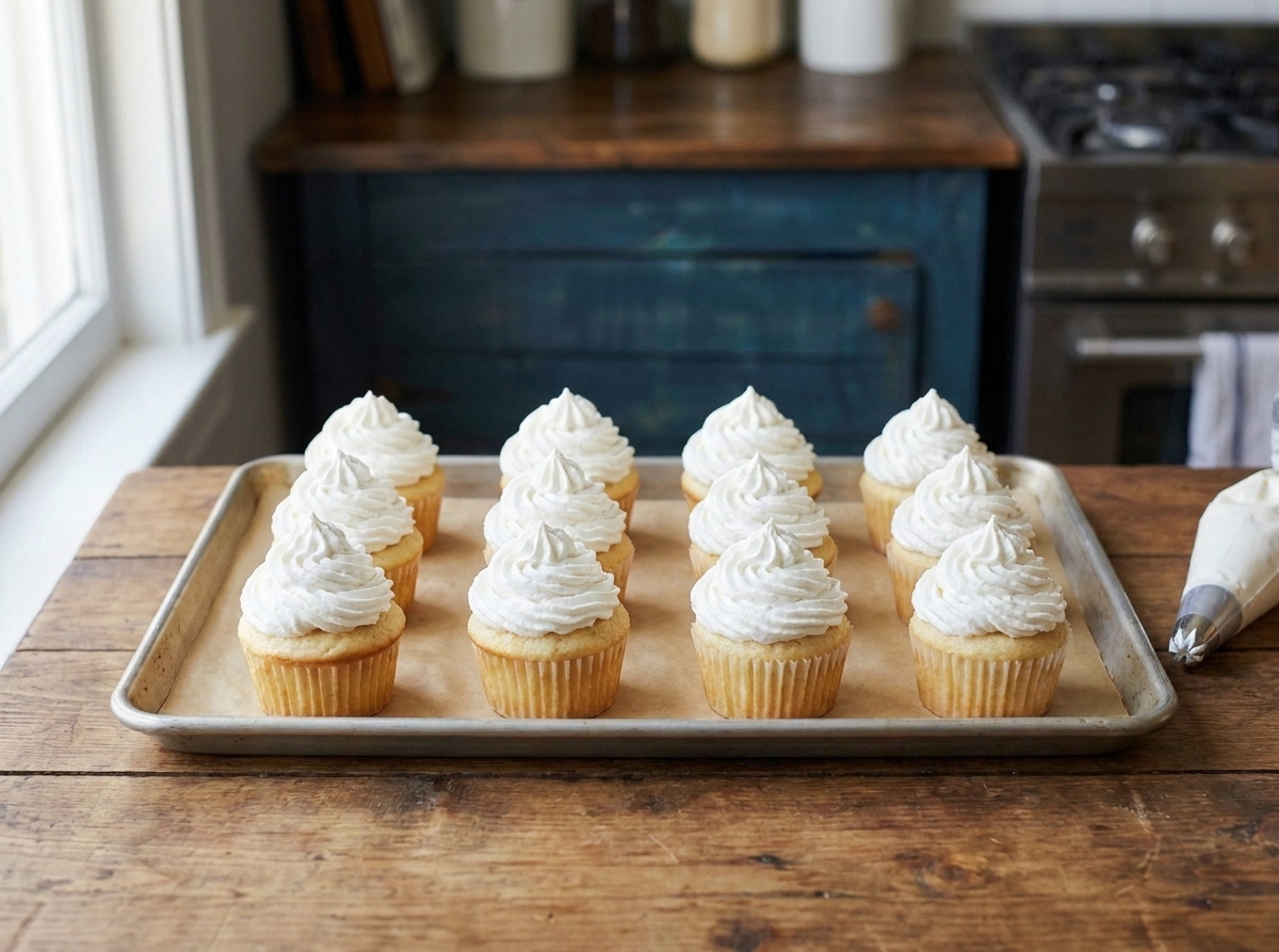 A dozen vanilla cupcakes topped with tall swirls of whipped frosting on a parchment-lined baking sheet in a home kitchen