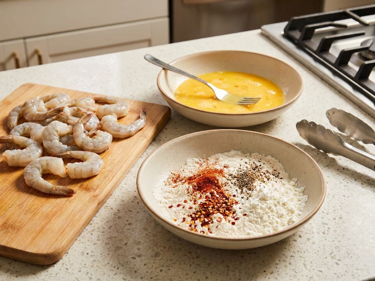 A dredging setup with bowls of seasoned flour and cornstarch, beaten eggs, and raw shrimp on a cutting board, arranged on a clean kitchen counter