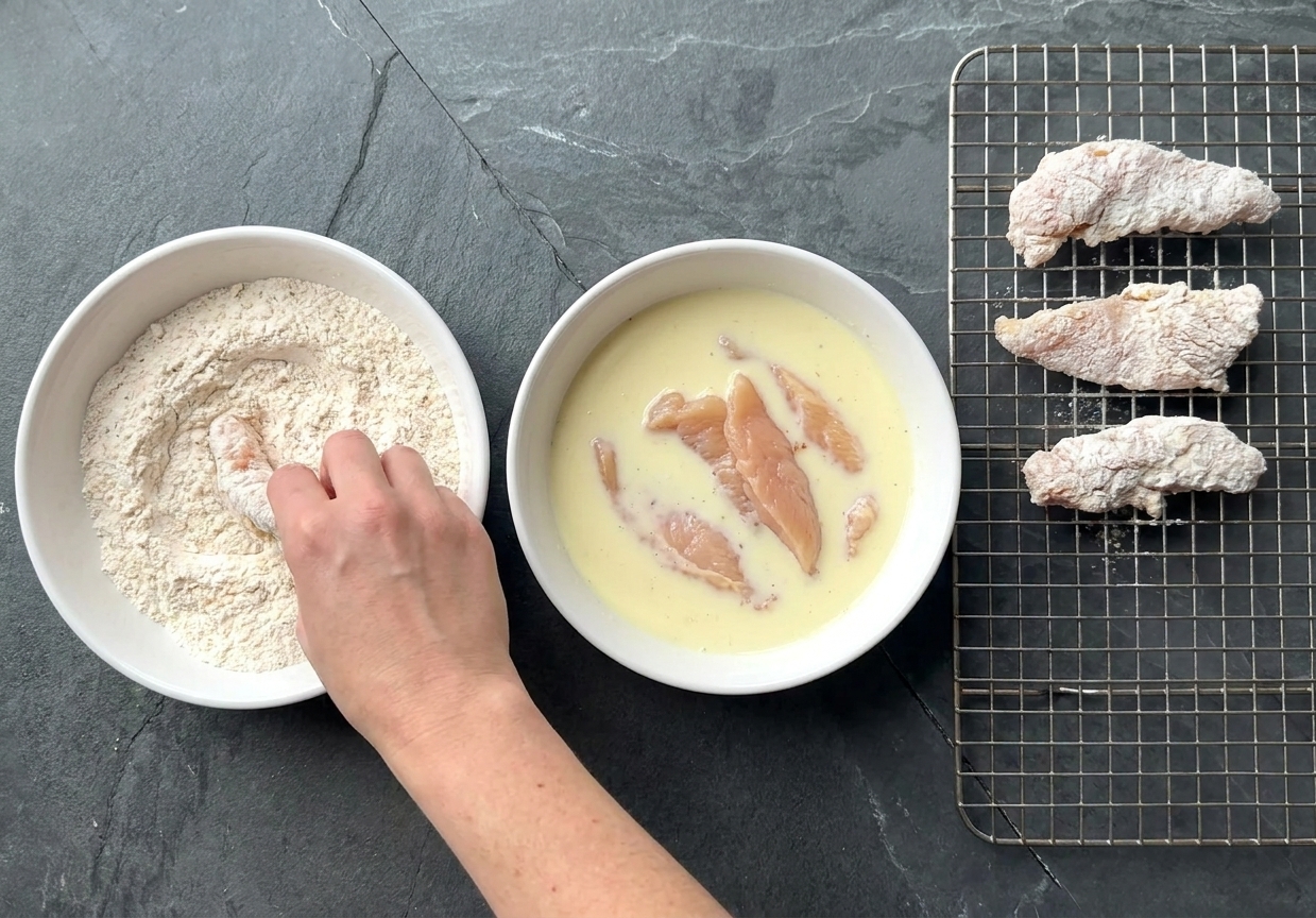 A dredging station on a kitchen counter with a bowl of seasoned flour, a bowl of buttermilk-soaked chicken strips, and a wire rack ready for breaded chicken