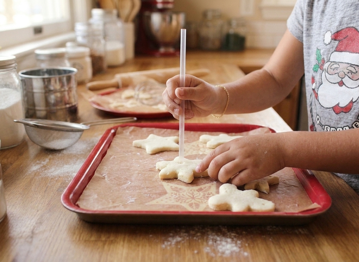 A drinking straw punching a clean hanging hole in a raw salt dough ornament on parchment paper