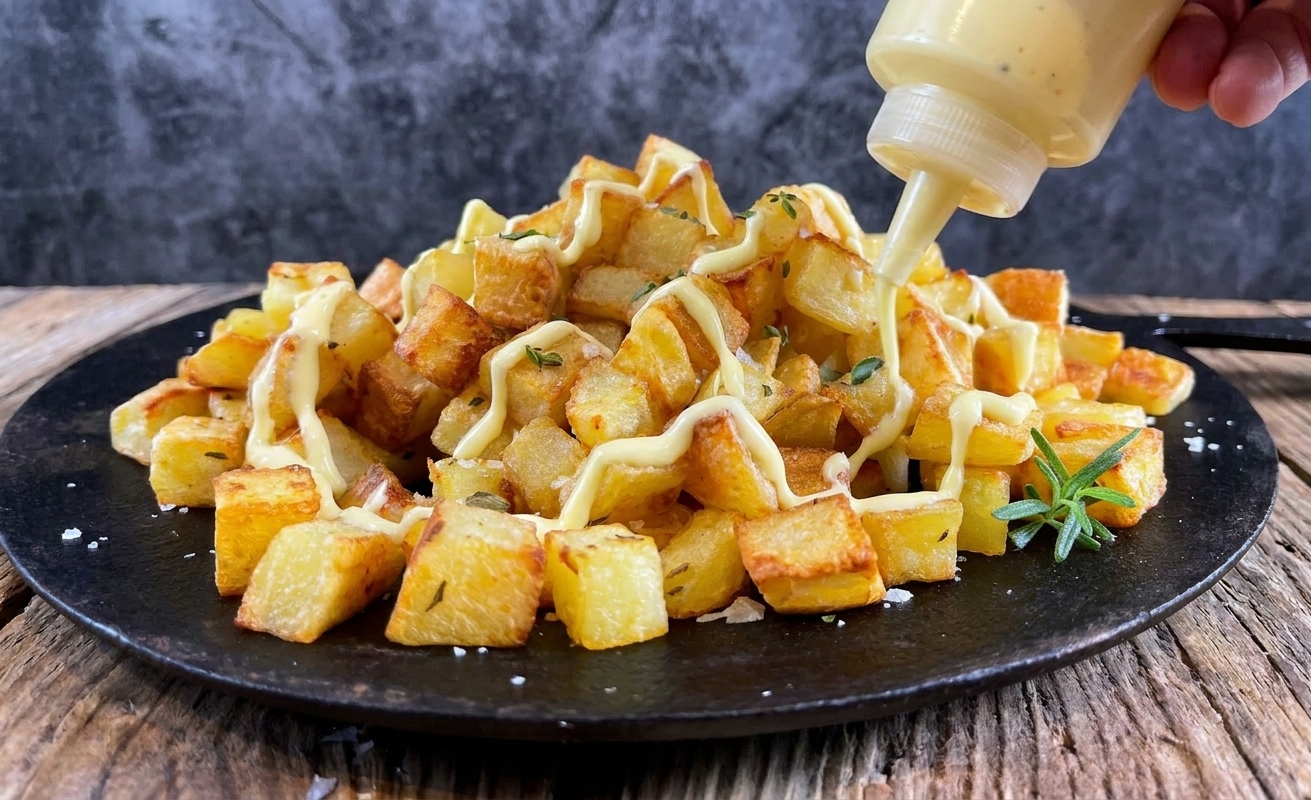 A drizzle of creamy garlic aioli over sauced crispy potatoes on a plate on a kitchen counter