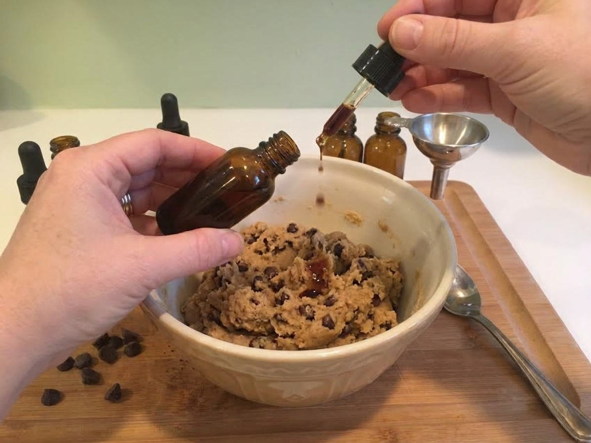 A dropper bottle dispensing vanilla extract into a ceramic mixing bowl of cookie dough on a tidy kitchen counter
