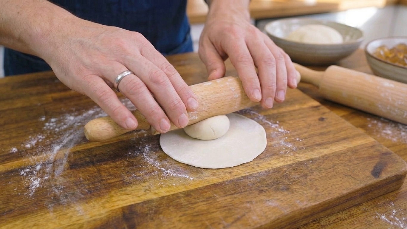 A dumpling wrapper being rolled with a small wooden rolling pin on a lightly floured board.
