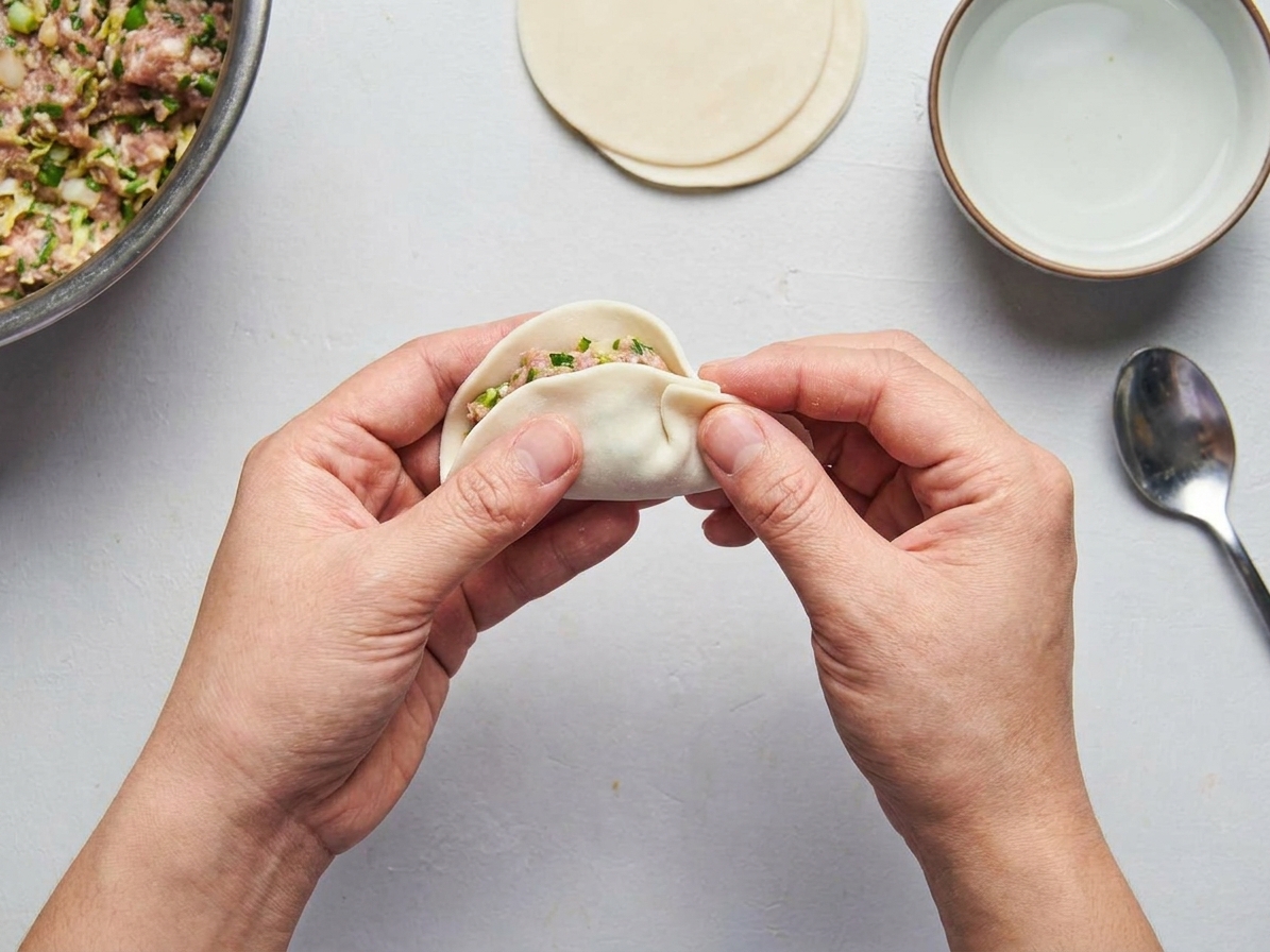 A dumpling wrapper filled with pork mixture being folded into a pleated half-moon shape on a home kitchen counter