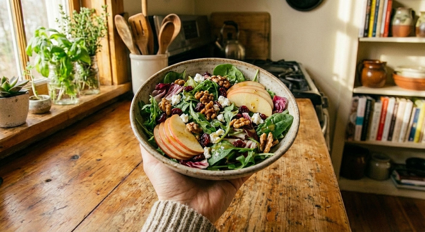 A fall salad with mixed greens, apple slices, and a light vinaigrette in a ceramic bowl