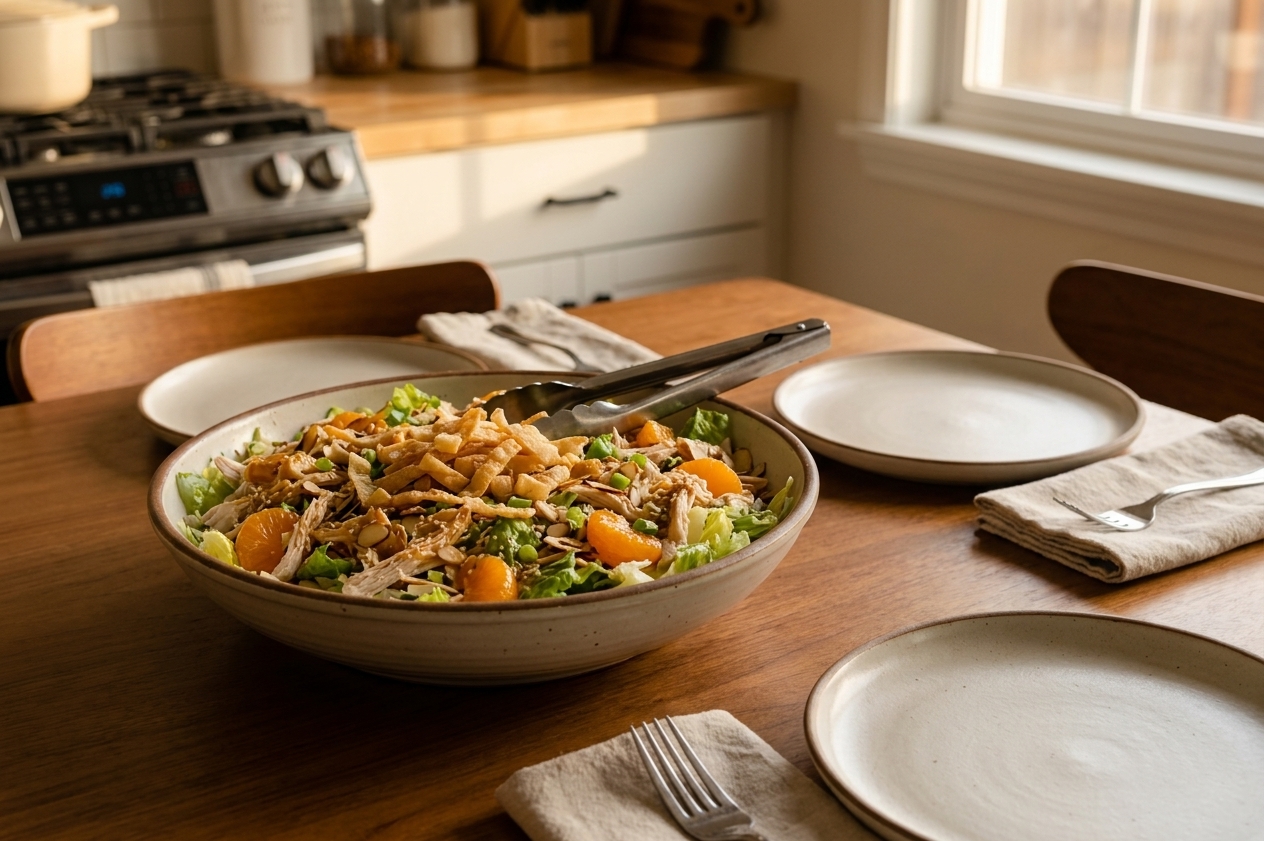 A family-style bowl of Chinese chicken salad on a dinner table with serving tongs and simple plates set nearby in soft evening light