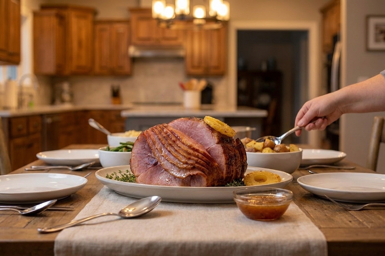 A family style dinner table set with plates and serving spoons, with a glazed ham platter in the center under warm lighting
