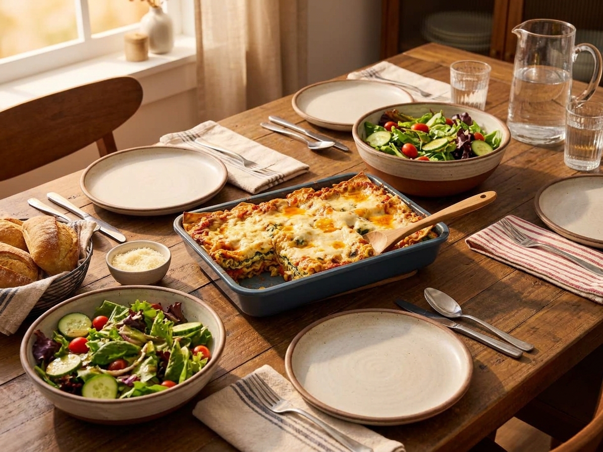 A family-style dinner table setting with a baking dish of veggie lasagna, a serving spatula, and simple side salad in warm evening light