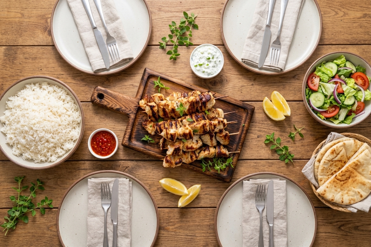 A family-style dinner table with a platter of chicken kebabs, a bowl of rice, a simple salad, and small dishes of sauce