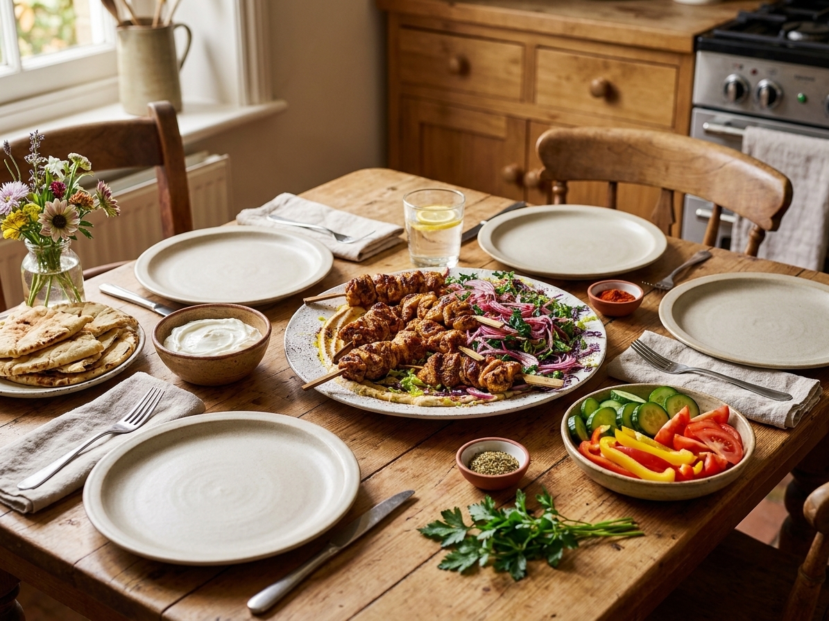 A family-style dinner table with chicken kabab skewers, warm pita, a bowl of yogurt sauce, and fresh sliced vegetables