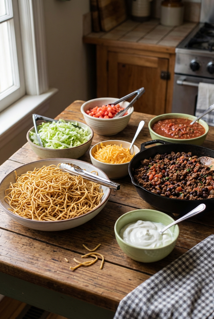 A family-style haystacks topping bar with bowls of chow mein noodles, seasoned beef, beans, lettuce, tomatoes, cheese, salsa, and sour cream on a kitchen counter