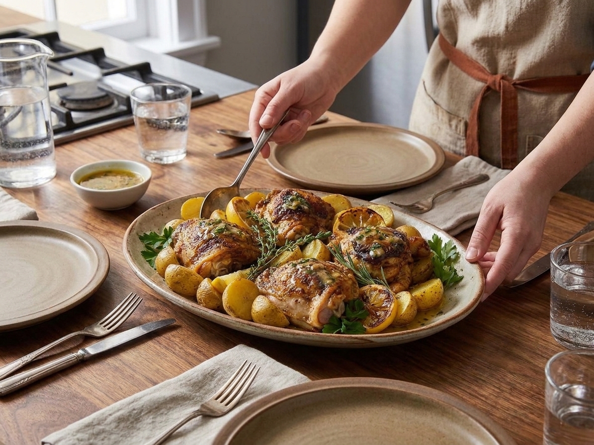 A family-style platter of chicken thighs and roasted potatoes with lemon-garlic sauce on a dinner table set with simple plates and utensils