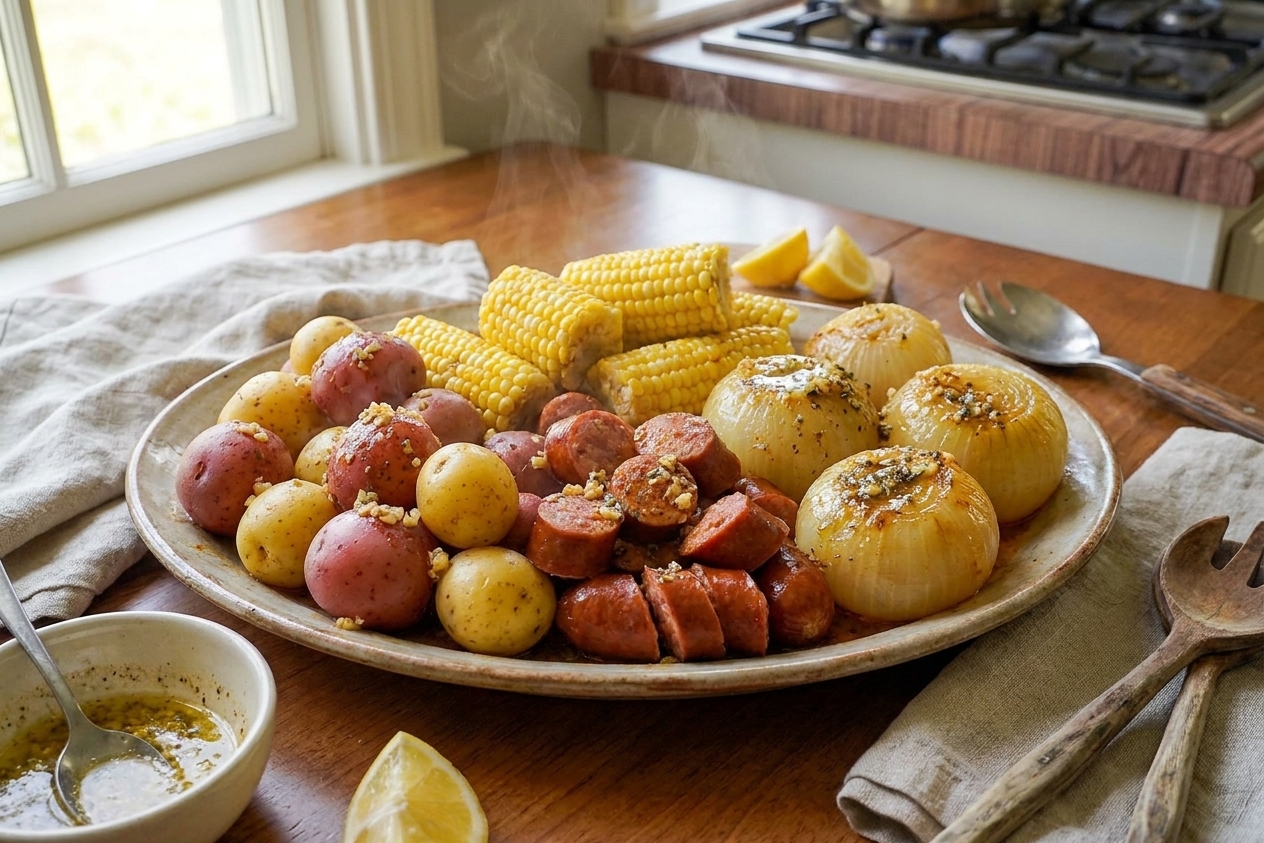 A family-style platter on a dinner table piled with potatoes, corn, sausage, and tender onion glistening with seasoned garlic butter