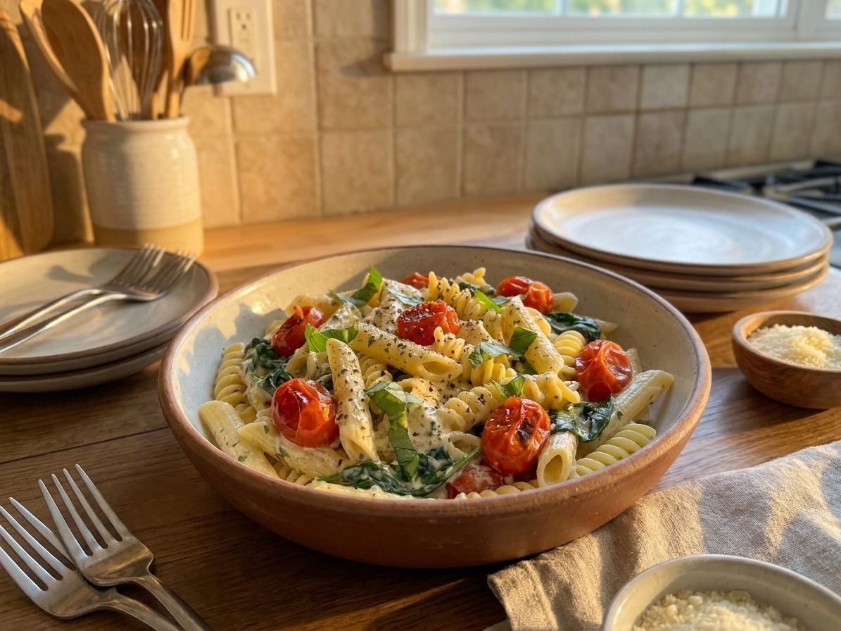 A family-style serving bowl of creamy Boursin pasta on a dinner table with simple plates and forks, warm evening light