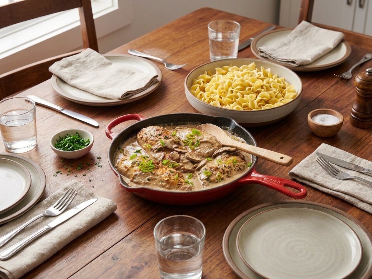 A family-style serving of pollo stroganoff in a skillet on a dining table with a bowl of egg noodles and simple place settings
