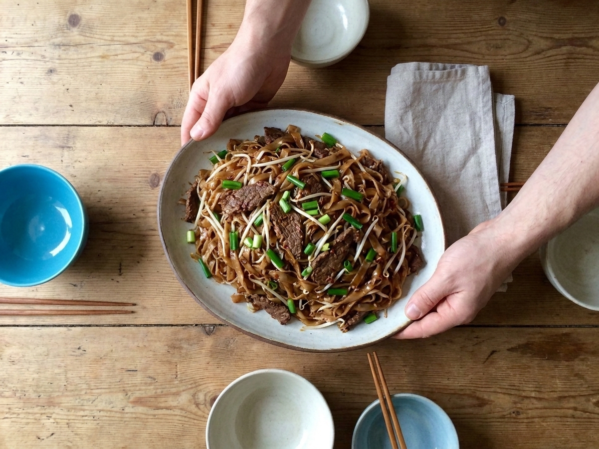 A family style serving platter of beef chow fun on a dinner table with small bowls, chopsticks, and a simple linen napkin