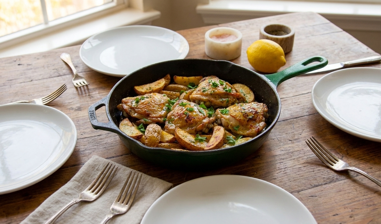 A family-style skillet of lemon garlic butter chicken and potatoes set on a wooden dinner table with plates, forks, and a simple linen napkin