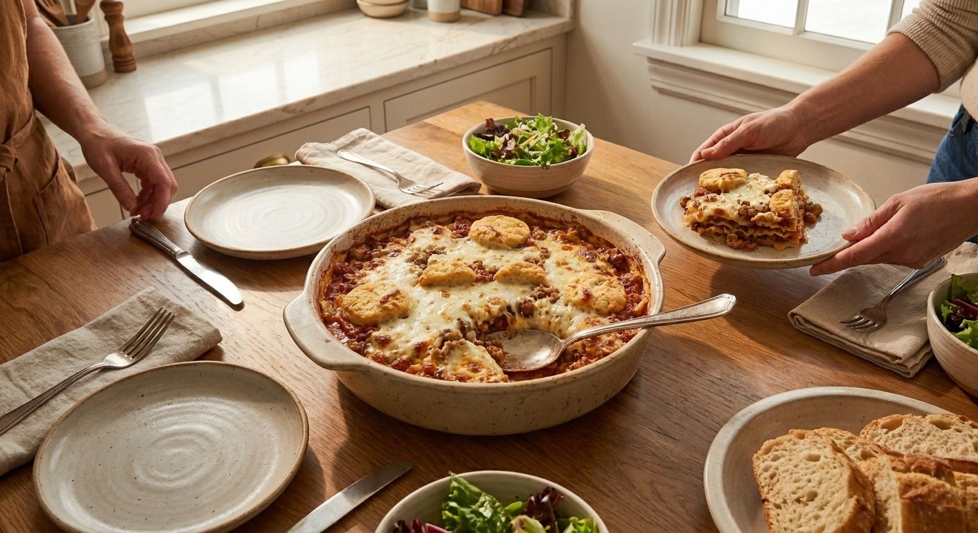 A family-style table setting with a baking dish of dumpling lasagna in the center and plates ready to serve in a warm kitchen