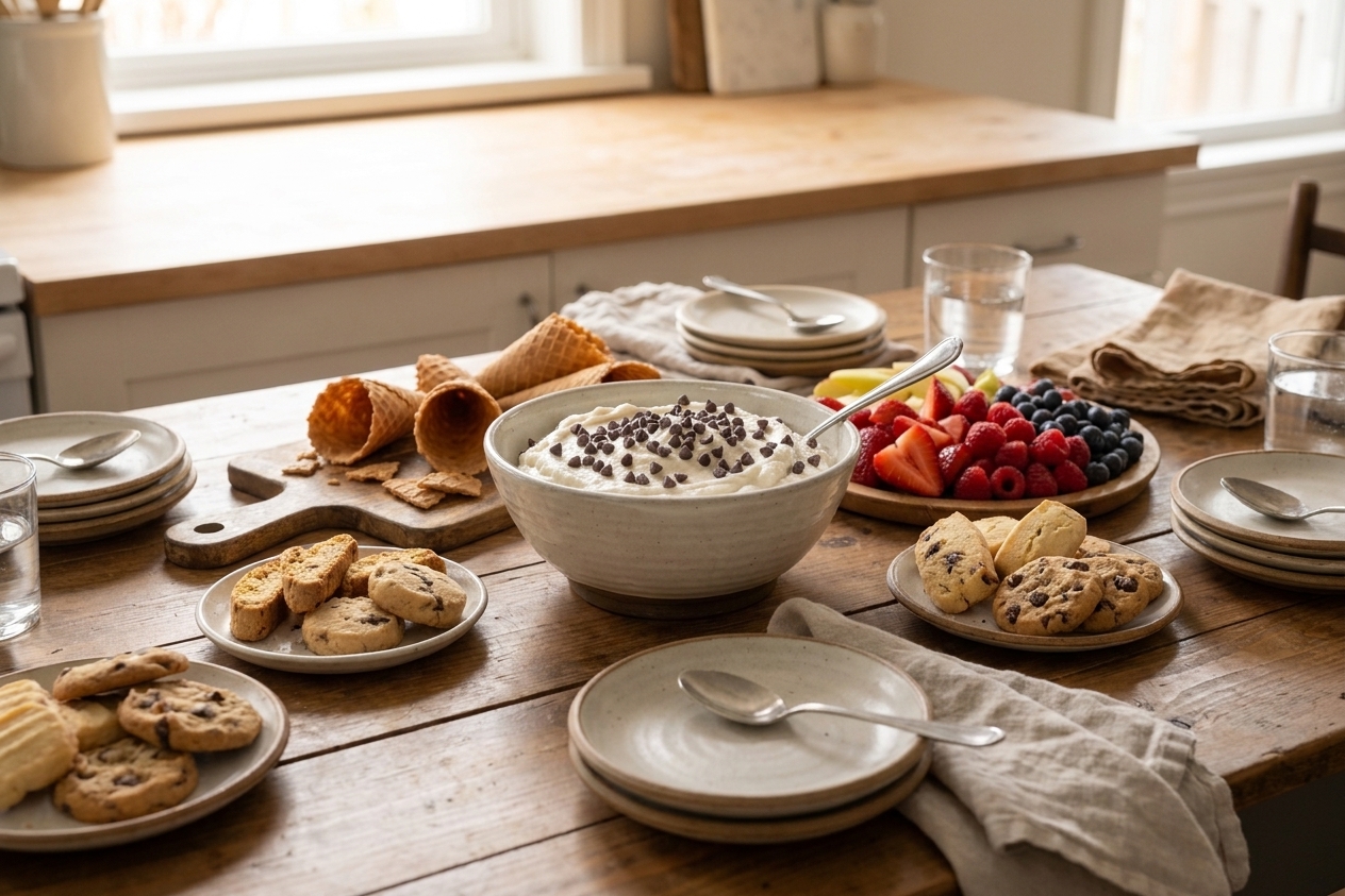 A family-style table setting with a bowl of cannoli dip in the center and small plates of cookies, fruit, and waffle cone pieces arranged around it