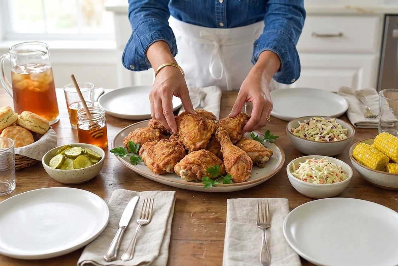 A family-style table setting with a platter of buttermilk fried chicken, small bowls of pickles and hot honey, and simple side dishes