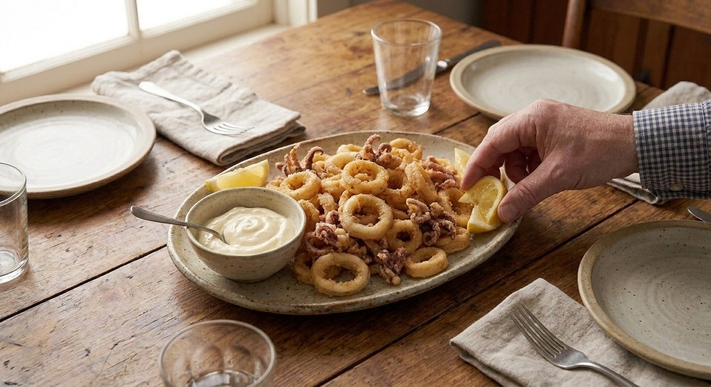 A family-style table setting with a platter of crispy calamari, lemon wedges, and dipping sauce in the center