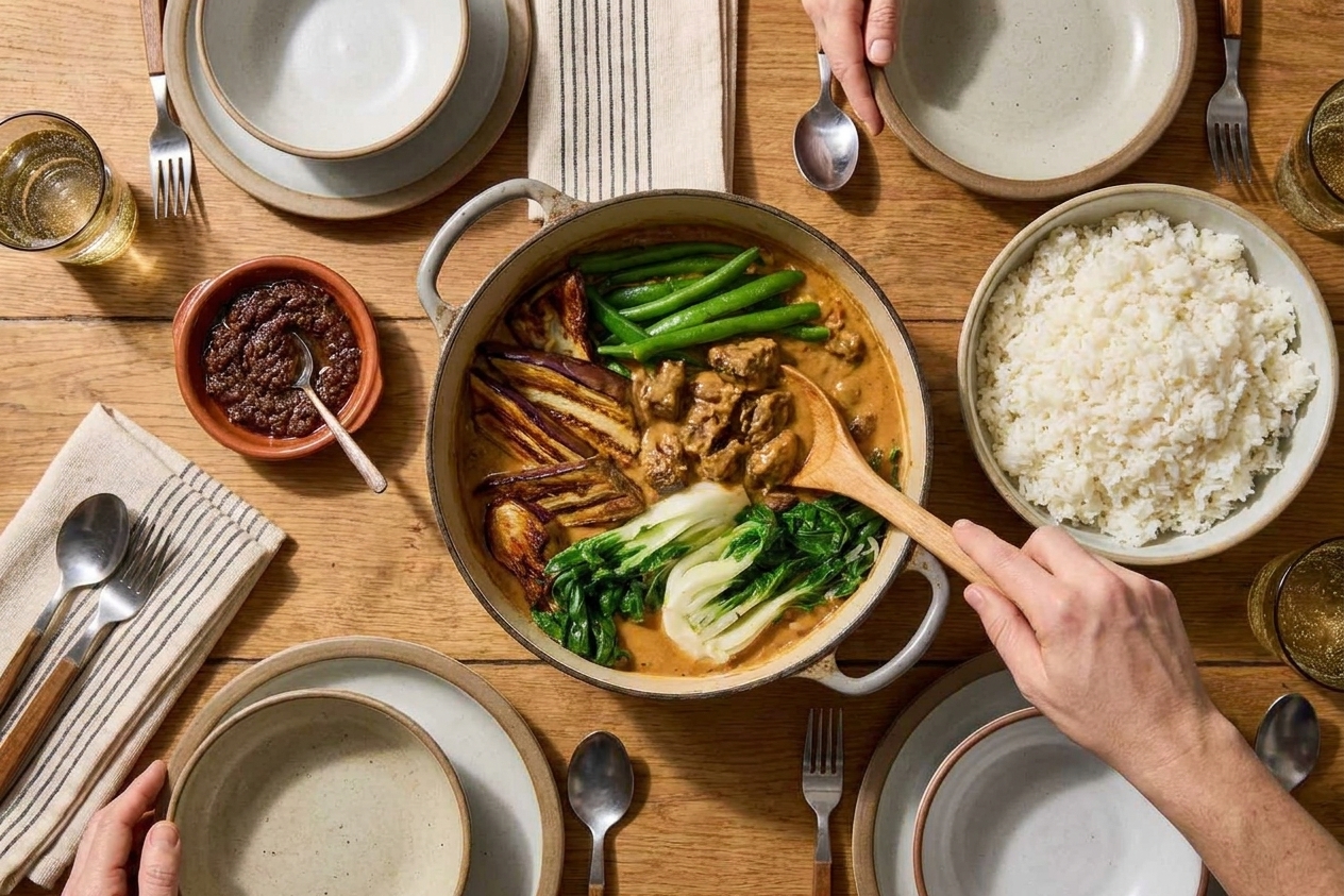 A family-style table setting with a pot of kare kare, a bowl of steamed rice, and a small dish of bagoong ready to serve