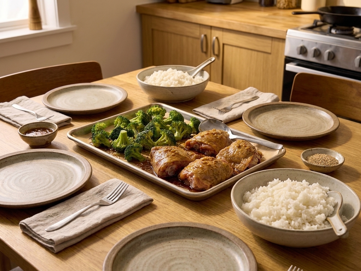 A family-style table setting with a sheet pan of sticky chicken and broccoli, bowls of rice, and serving spoons in warm kitchen lighting