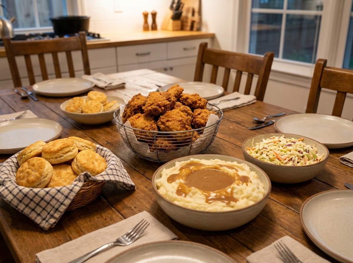 A family-style table with a basket of crispy fried chicken, mashed potatoes with gravy, coleslaw, and biscuits on a wooden table under warm kitchen lighting