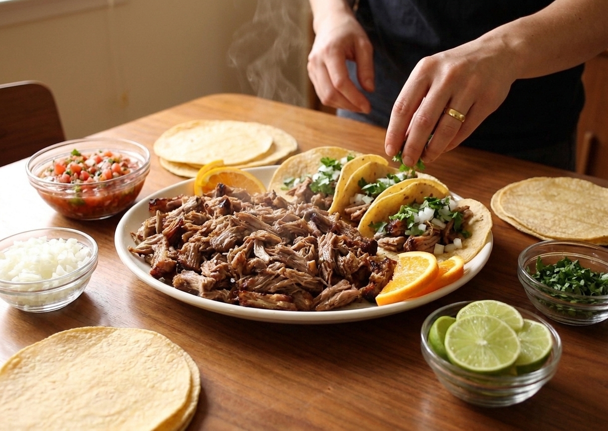 A family-style table with carnitas tacos, small bowls of salsa and chopped onions, cilantro, and lime wedges under warm dining room lighting