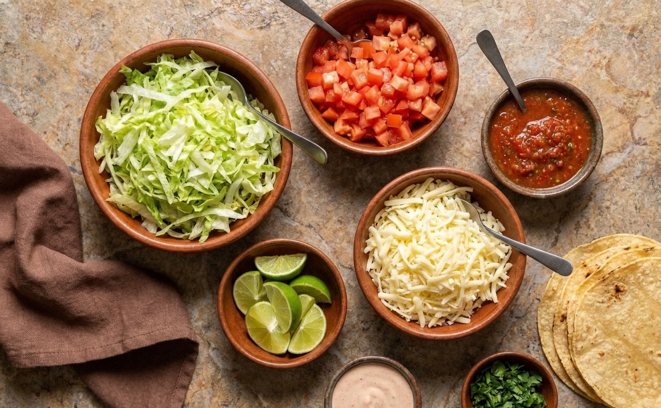 A family-style taco topping spread with bowls of shredded lettuce, diced tomatoes, shredded cheese, salsa, and lime wedges on a dining table