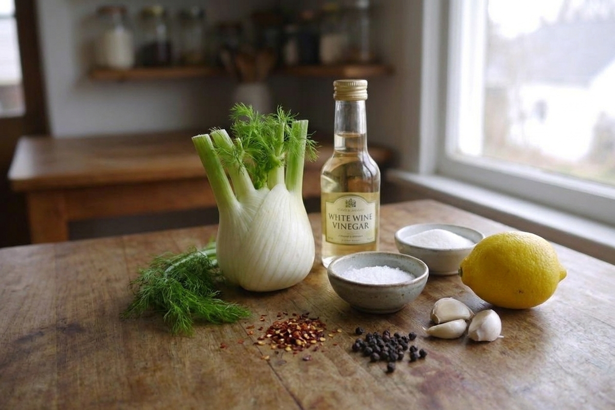A fennel bulb, white wine vinegar, sugar, kosher salt, lemon, garlic clove, peppercorns, and red pepper flakes arranged on a clean kitchen counter