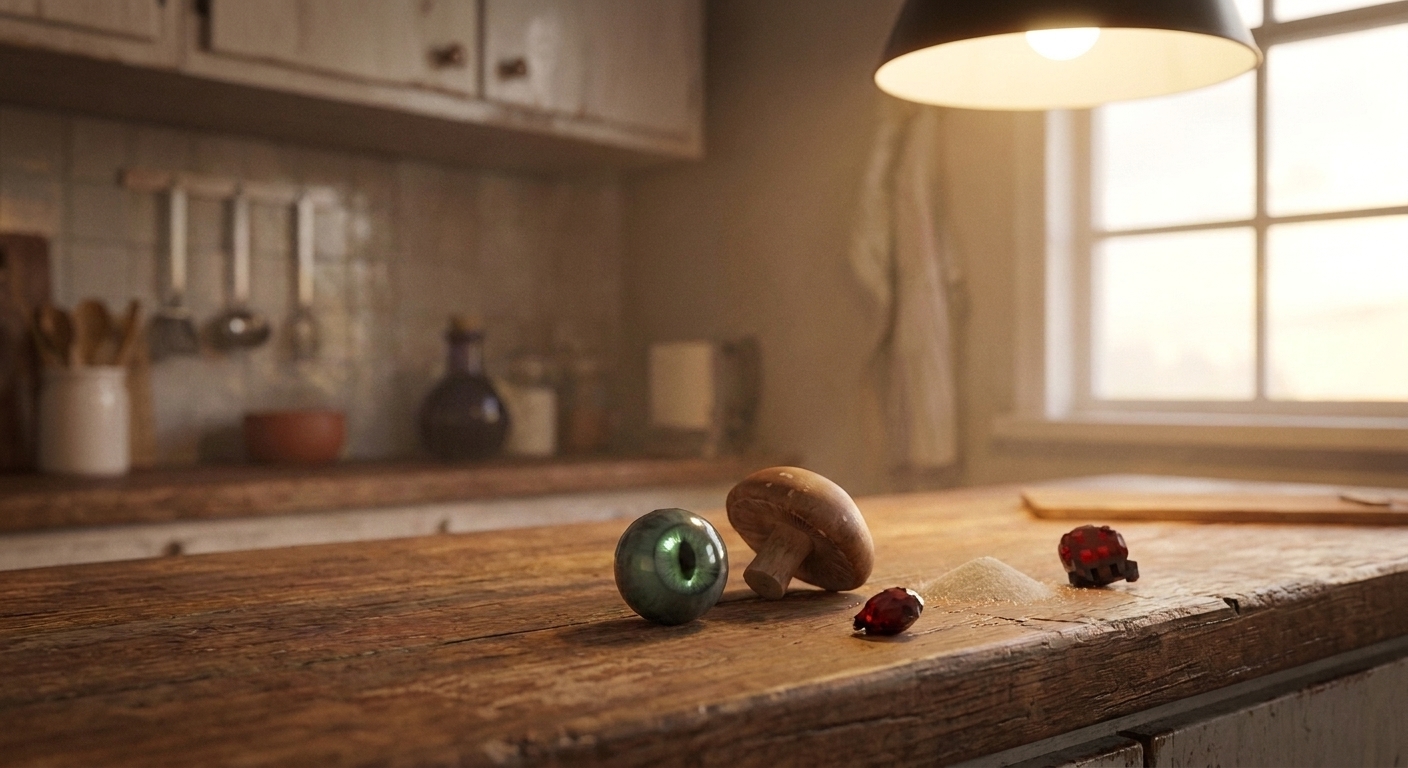 A fermented spider eye item next to a brown mushroom, sugar, and a spider eye on a wooden counter, as if staged for a cooking prep shot