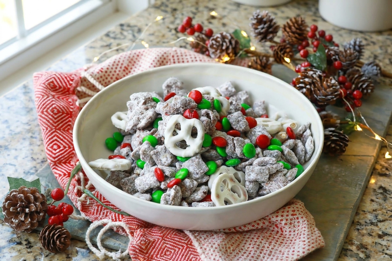 A festive bowl of Christmas puppy chow on a holiday table setting with simple greenery and warm string lights