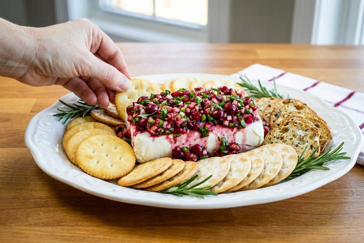 A festive white platter with cream cheese topped with glossy cranberry jalapeño relish, surrounded by crackers and rosemary sprigs on a warm kitchen counter